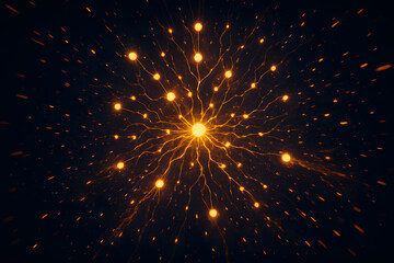Obraz premium Abstract representation of a neural network or starburst with glowing yellow nodes and radiating lines on a dark background