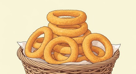 Fototapeta premium Stack of golden brown fried battered rings fills a woven serving container