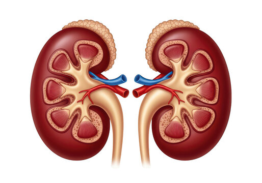 Detailed illustration of human kidneys with blood vessels and ureters isolated on transparent background