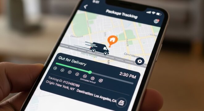 A smartphone displaying a package tracking app with a map and a delivery truck icon,