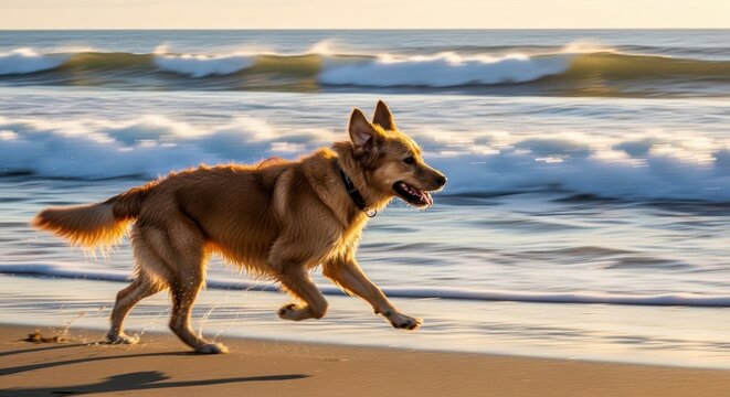Energetic canine sprints along the sunlit shoreline with ocean waves in the background