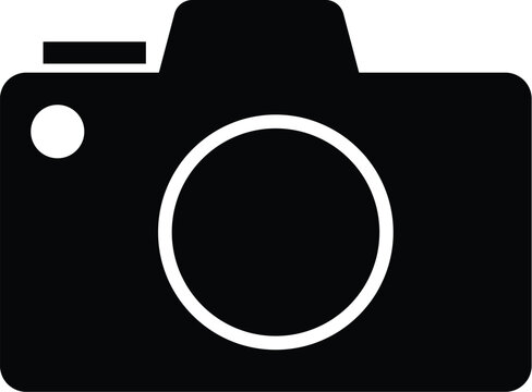 A simple black and white icon of a camera on a plain background