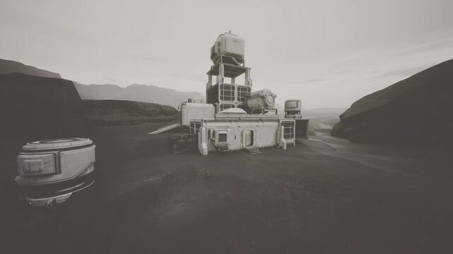 Industrial space station processing tower on basalt plain, resource refinery stacked on modular platforms with tanks, pipes and service crates, heavy machinery