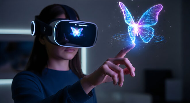 Young woman wearing VR headset interacts with glowing butterfly hologram in immersive virtual reality world, futuristic technology and imagination