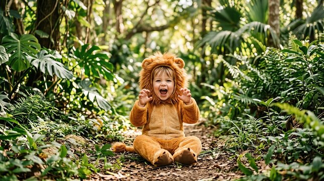 Toddler in lion costume sitting in jungle path