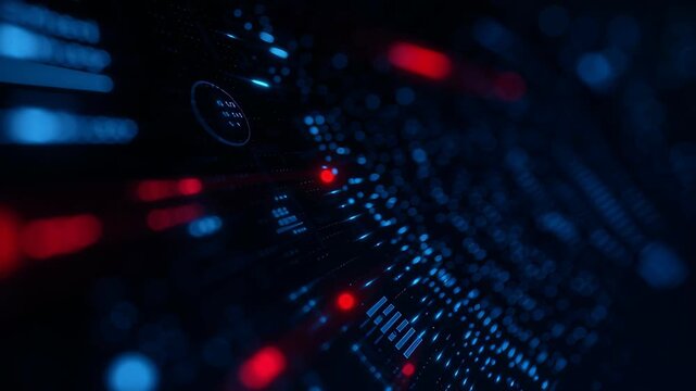 Neural network big data flow visualization binary code matrix machine learning abstract background quantum computing cyber glowing circuit composition showing data stream and matrix patterns with