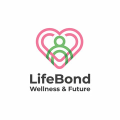 An innovative logo featuring overlapping heart shapes and a stylized figure, symbolizing health, wellness, and community connection, perfect for a wellness brand.