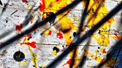 Naklejka premium Urban wall adorned with vibrant paint splatters, embodying abstract street art energy. 