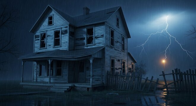 Old weathered house night storm
