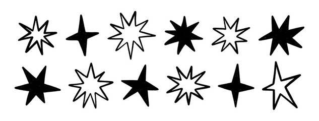 Crayon hand drawn stars, twinkle magic symbols. Shine, spark or light chalk elements. Line art sketch and silhouettes sparkle icons on transparent bg. Doodle black glitter sparks, vector illustration © Vodoleyka