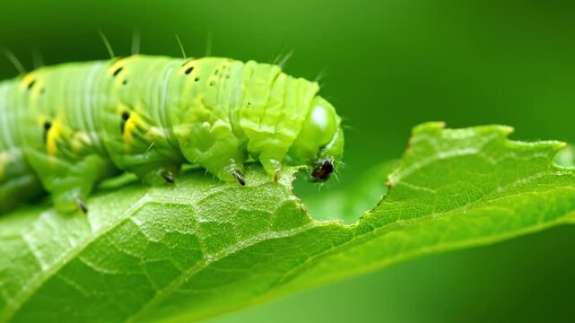 Green caterpillar eating a leaf