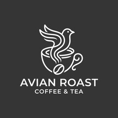 Obraz premium A sophisticated logo design featuring a bird in flight above a steaming coffee cup, blending creativity and comfort with a modern touch perfect for a café branding.