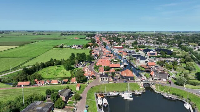 Aerial view of historic city and harbor in Europe