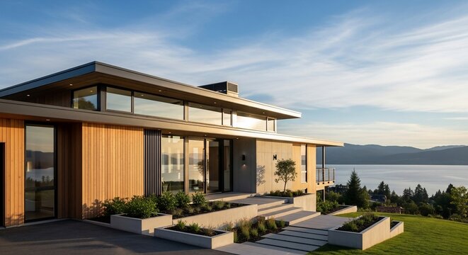 Modern house exterior waterfront view