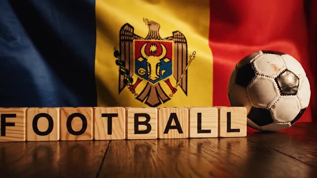 Moldova flag with football and 'FOOTBALL' blocks on wood