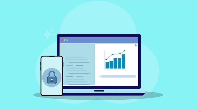 Flat vector animation of laptop dashboard displaying rising growth chart with smartphone lock icon representing secure business analytics, data monitoring, and protected digital communication.