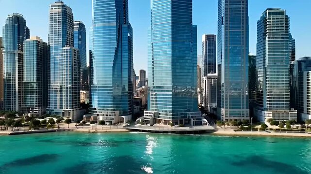 Modern Israeli cityscape towering skyscrapers define a vibrant urban skyline by the serene coastline, reflecting dynamic architecture and bustling urban life