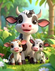 Obraz premium A cheerful cartoon cow with two calves stands in a vibrant, sunny garden surrounded by flowers and greenery. Happy Mother's day