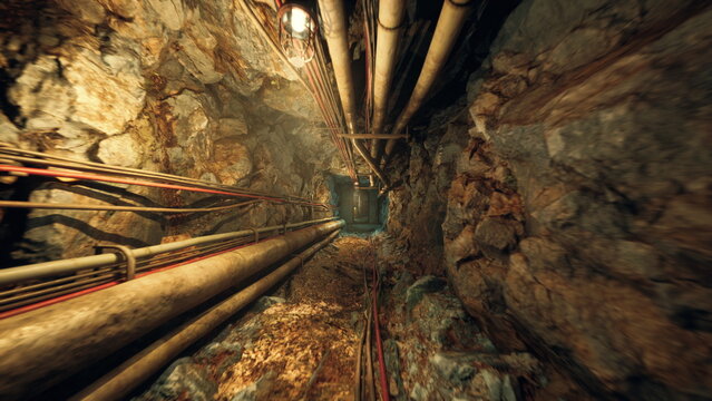 vertical mine shaft descent with tangled cables and rusted pipes, rough rock walls and diminishing light, dizzying perspective suggests depth and drop, hoist