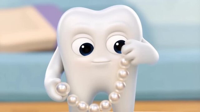 A tooth character compares itself to a string of pearls. Sophisticated 3D animation for dental clinic whitening and cosmetic services.