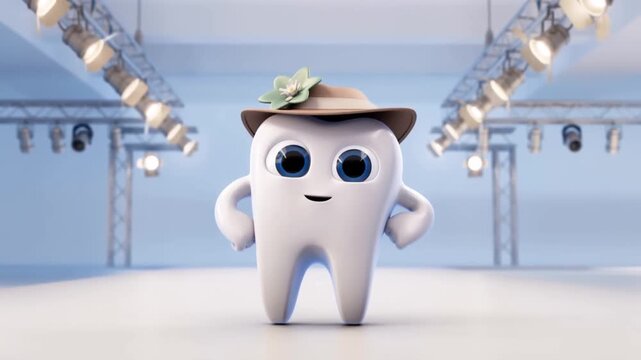 A tooth character in a chic hat with a flower strikes a fashion pose. Stylish 3D animation for dental clinic confidence and self-expression themes.