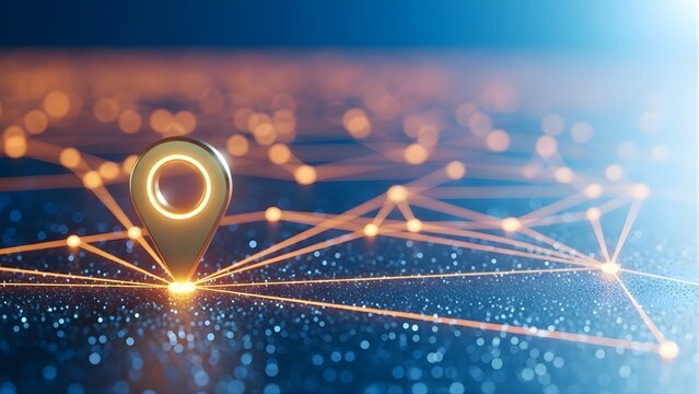 Pinpointing Global Connection: A Digital Map with a Glowing Location Marker and Interconnected Network Lines Representing Data Flow, Navigation, and Futuristic Technology