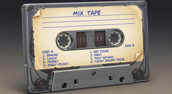 Transparent plastic audio cassette features a aged paper label detailing a custom song compilation.