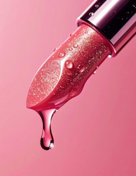 Close-up of a sparkling pink lipstick covered in water droplets with a large droplet hanging from its tip against a soft pink background.