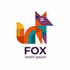 This modern geometric fox logo features vibrant colors and playful shapes, representing creativity and intelligence, perfect for branding or creative projects.