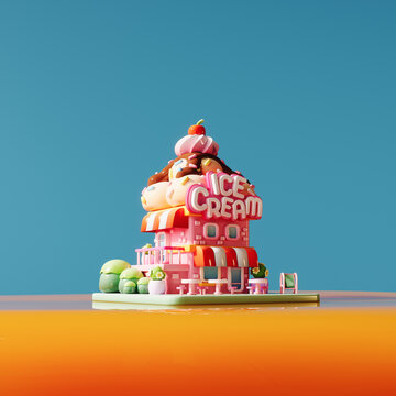 Cute Ice Cream shop made of sweets. Miniature candy shop on blue background. 3D Rendering, 3D Illustration