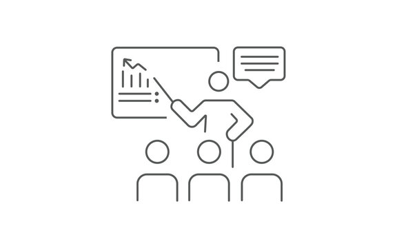 Classroom, teaching, lecture, and presentation concept. Teacher explaining financial chart to students in classroom. A person pointing at rising chart Flat illustrator vector file. High quality image