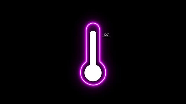 A single thermometer rendered with a vibrant neon purple outline and a white interior a temperature of 129 degrees on a dark black background