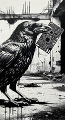 Fototapeta premium Stylized depiction of a dark bird carrying a small electronic component in its beak against an urban ruin backdrop