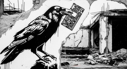 Obraz premium Stylized black and white mural depicts a large corvid holding a printed circuit board amidst building wreckage