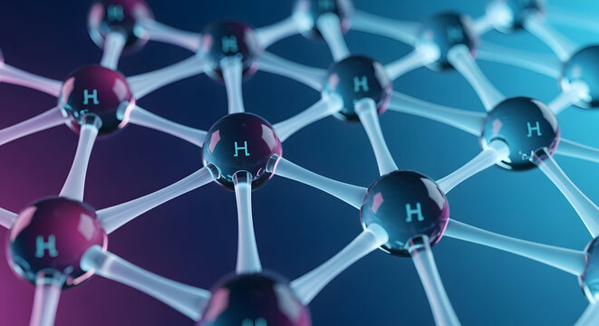Abstract molecular structure of hydrogen atoms connected by bonds representing a scientific chemical lattice formation in a futuristic digital network