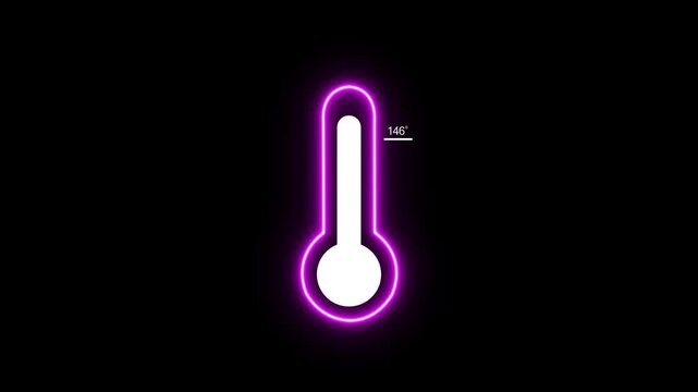 A bright neon purple outline of a thermometer with a white bulb and a white column showing a reading of 146 degrees on a dark black background