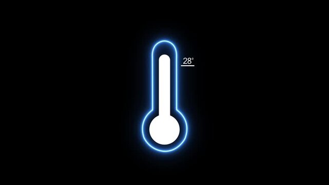 A vivid blue neon outline of a thermometer indicates a temperature of 28 degrees Celsius against a solid black background with a noticeable luminous aura