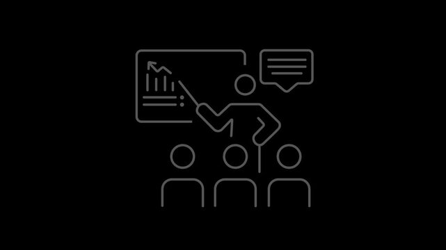 Classroom, teaching, lecture, and presentation concept. Teacher explaining financial chart to students in classroom. A person pointing at rising chart 2D animation video 4K resolution alpha channel.