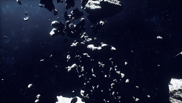 Icy asteroid fragments with metallic glint, survey team mission vibe as instruments map promising ore deposits and assess landing viability for offworld