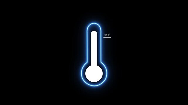 A clean digital of a white thermometer with a vibrant blue neon border indicating a reading of 117 degrees Fahrenheit set against a solid black backdrop
