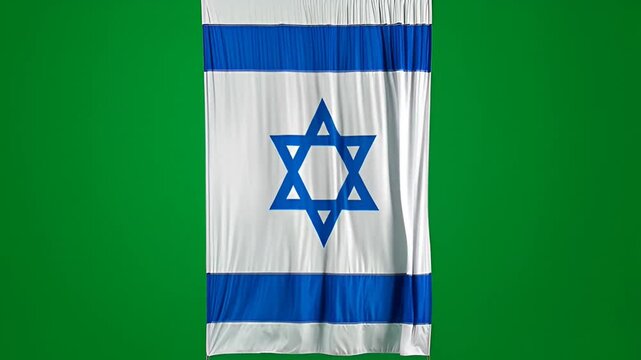 Close-up, realistic, full-frame shot of the national flag of Israel hanging vertically against a plain green background, showcasing the Star of David emblem and blue stripes