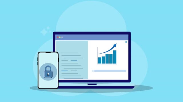 Flat vector animation of laptop with rising business chart and smartphone with lock icon representing secure data analytics, financial growth monitoring, and protected digital business information.