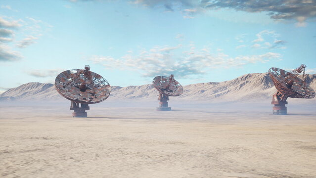 desert with metal tree sculptures cinematic panorama of three robotic installations on arid plain with distant mountains and drifting mist rusted surfaces
