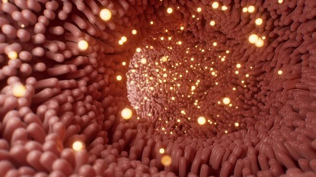 Fleshy intestinal canal lined with soft villi, 3d rendering.