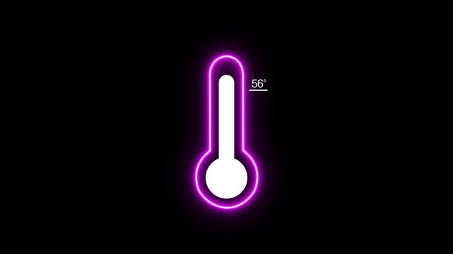 A minimalist neon purple outline of a thermometer a temperature reading of 56 degrees on a stark black background with a glowing effect. Keywords