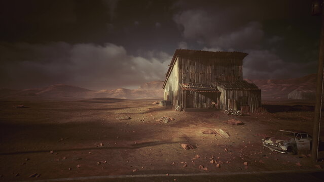 desert outpost at dusk cinematic postapocalyptic scene of derelict shack beside lonely road and weathered pole, scattered wreckage and grit under brooding