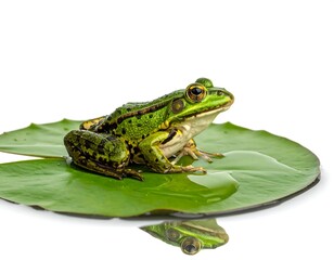 Obraz premium Vibrant green frog sits perched on a large water lily pad, with a clear reflection below against a bright background