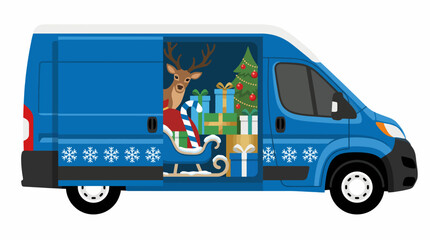 This colorful image of a delivery van open to reveal holiday decorations and gifts symbolizes joy, celebration, and the spirit of giving during the festive season. © Panpan