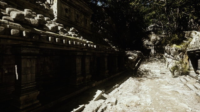 shadowed temple aisle framed by foliage, deep shadows fall across eroded lintels and wet stones, scattered puddles reflect carved archways, dense canopy