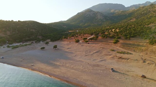 Aerial View of Pachia Ammos Beach at Sunset Samothraki Greece